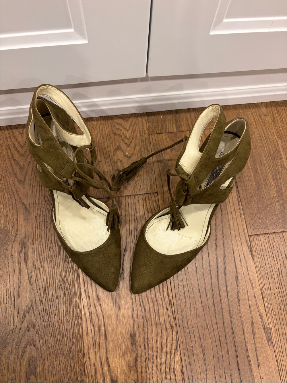 BCBGeneration Olive Suede Pointed Toe Lace-Up Heels